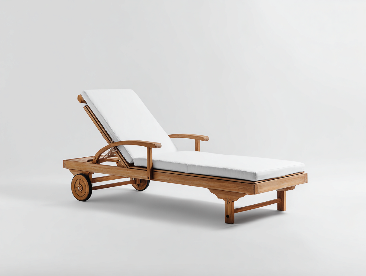 Sillón reclinable de madera y tejido 198×72×96 cm - madera natural/blanco - respaldo ajustable con reposabrazos y ruedas para terraza-Lodiystudio