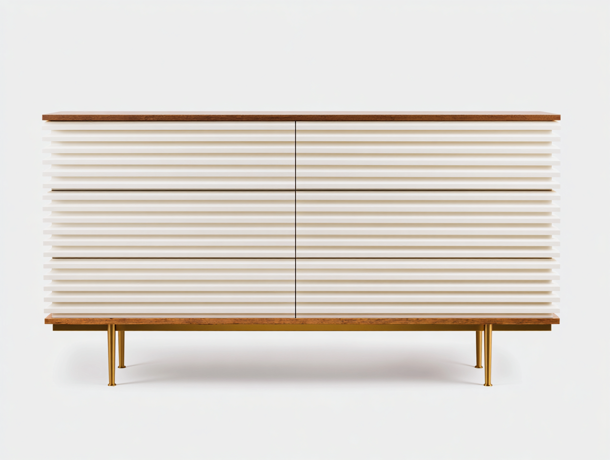 Armario con cajones 160×45×88 cm – blanco/madera natural/dorado – frente listonado moderno para dormitorio-Lodiystudio