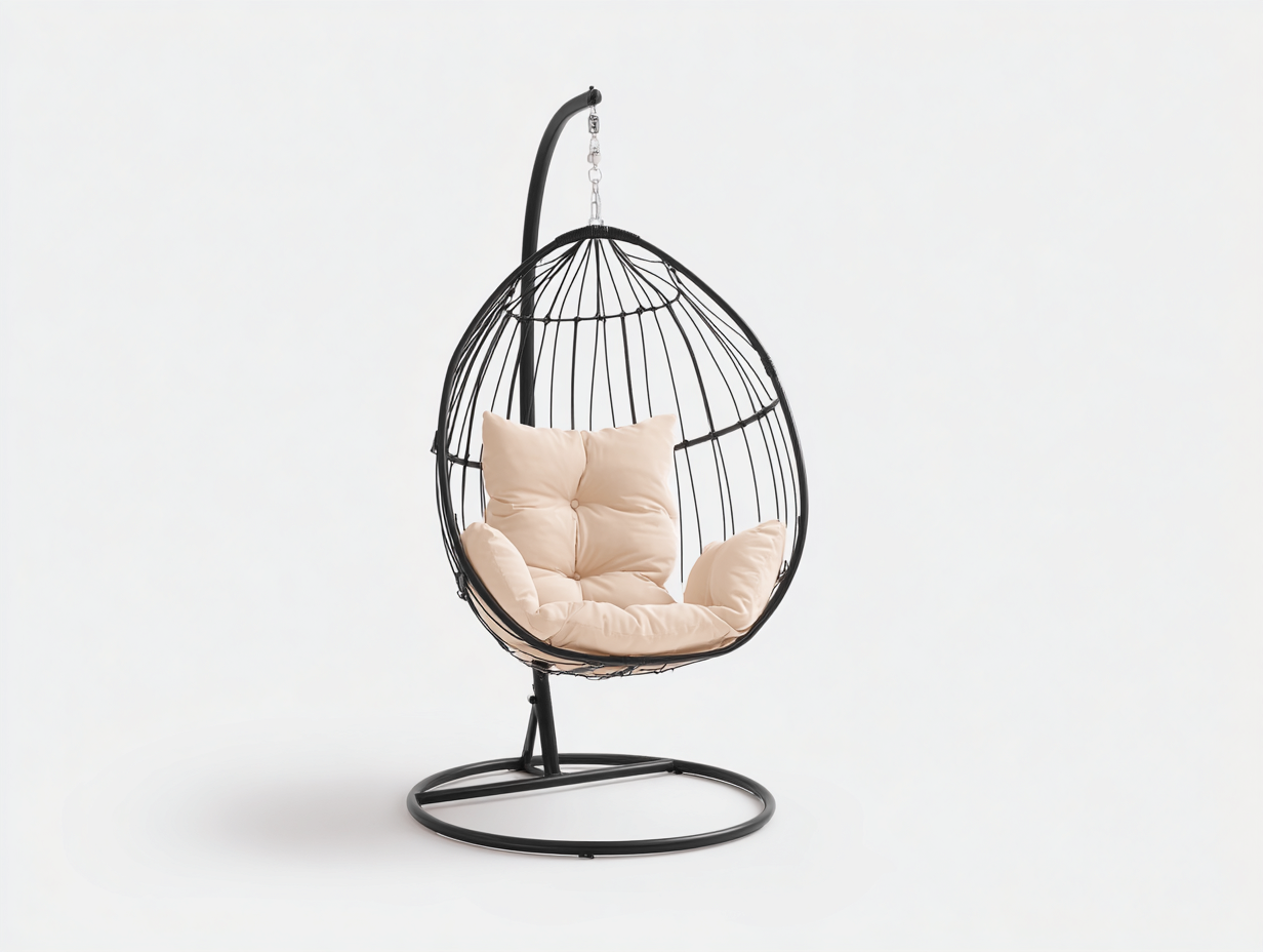 Sillón colgante de acero y fibra sintética 105×105×195 cm – negro/beige – diseño tipo huevo con soporte para terraza-Lodiystudio