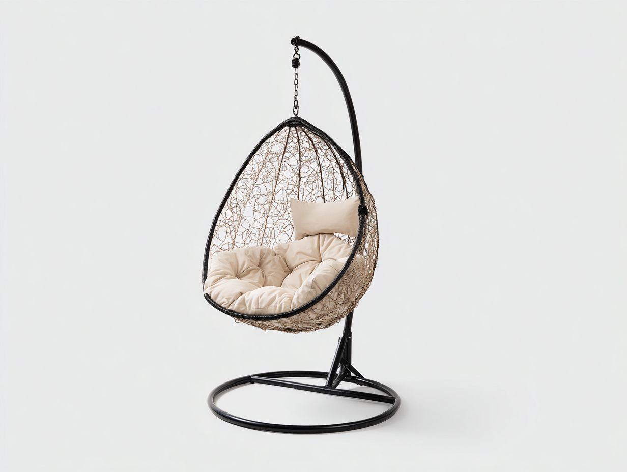 Sillón colgante de fibra trenzada 105×100×192 cm – beige natural/negro – estructura curvada para terraza-Lodiystudio
