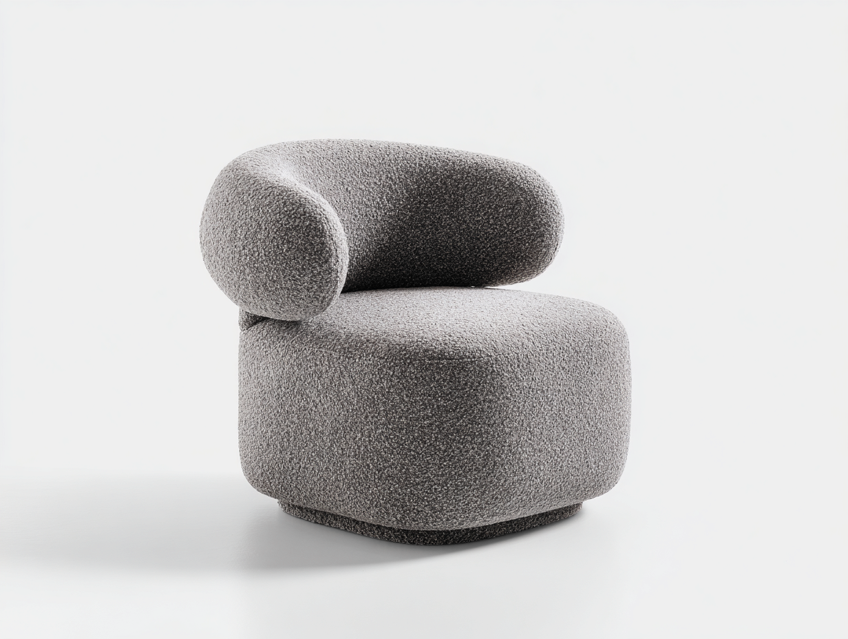 Sillón de bouclé 82×79×73 cm – gris piedra – diseño curvo envolvente para dormitorio-Samoydecor