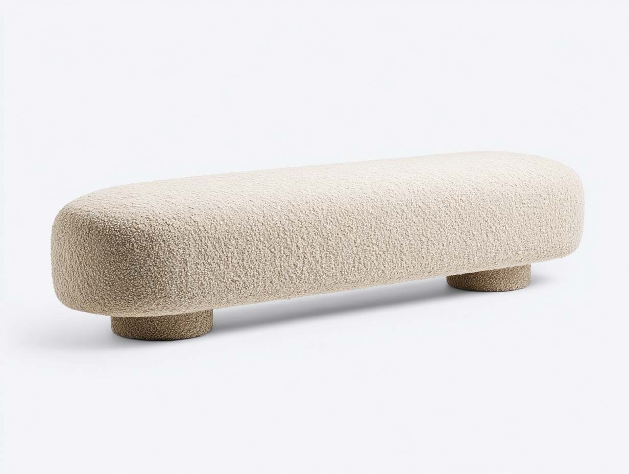 Banco tapizado bouclé 150×48×43 cm – beige claro – diseño bajo redondeado para dormitorio-Samoydecor