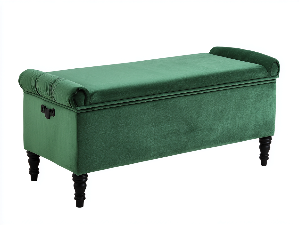 Banco de almacenaje tapizado en terciopelo 118×42×52 cm – verde esmeralda/negro – tapa acolchada de estilo clásico para dormitorio-Samoydecor