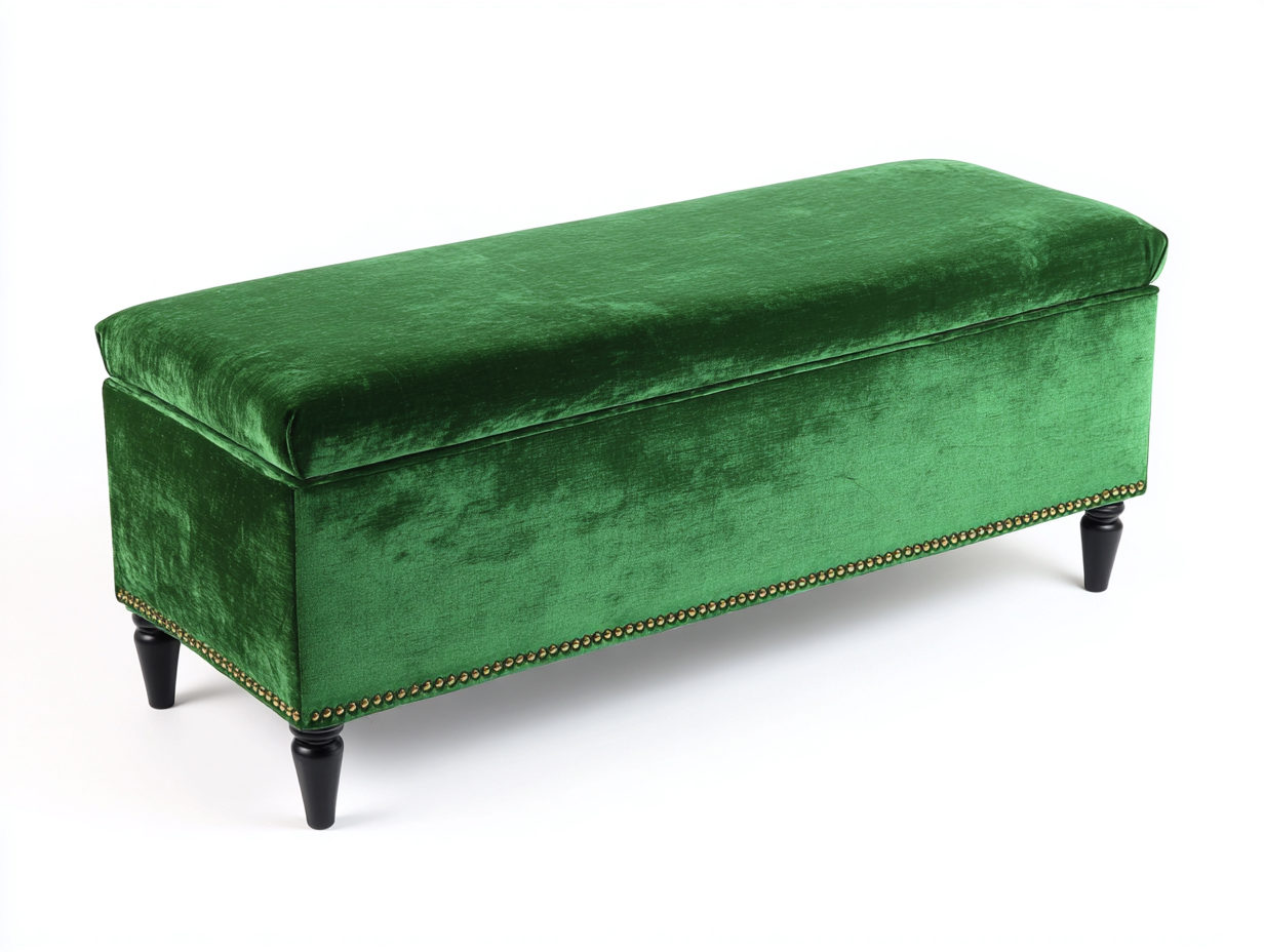 Banco tapizado de terciopelo 120×45×48 cm - verde esmeralda/negro - con almacenaje y detalles dorados para dormitorio-Samoydecor