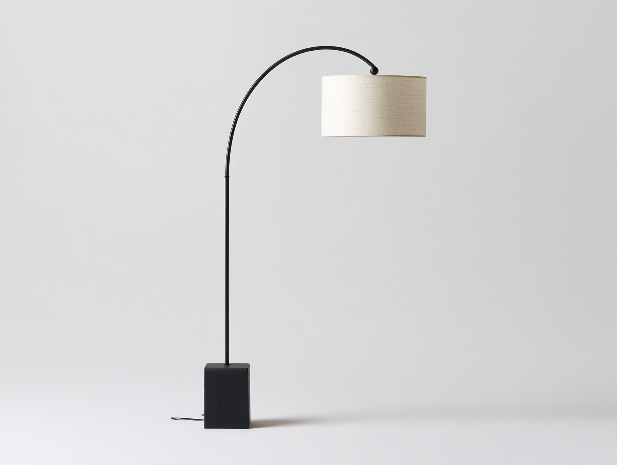 Lámpara de pie curva 190×112×42 cm – negro/marfil – base rectangular y pantalla de tela para dormitorio-Samoydecor