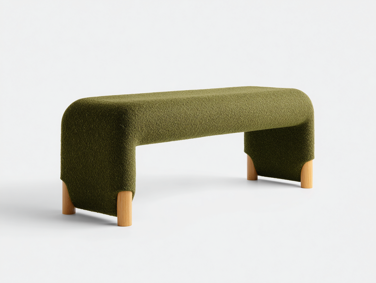 Banco tapizado 145×43×46 cm – verde oliva/madera natural – estilo contemporáneo para dormitorio-Samoydecor