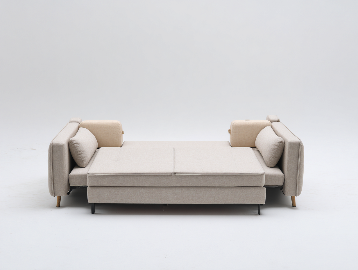Sofá cama extensible de tejido 218×96×86 cm – beige claro/madera natural – apertura frontal para sala de estar-Samoydecor