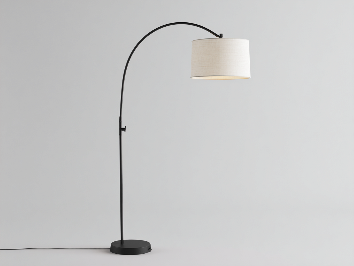 Lámpara de pie arqueada de metal y tejido 100×38×180 cm - negro/blanco - pantalla cilíndrica para dormitorio-Samoydecor