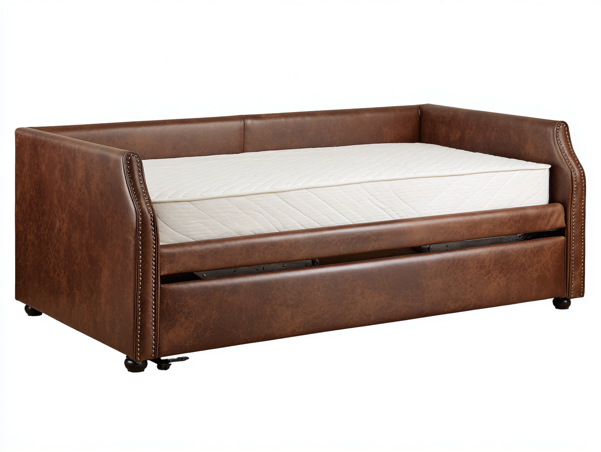 Sofá cama nido tapizado efecto cuero 214×102×90 cm - marrón/blanco - cama extraíble para sala de estar-Tataohouse