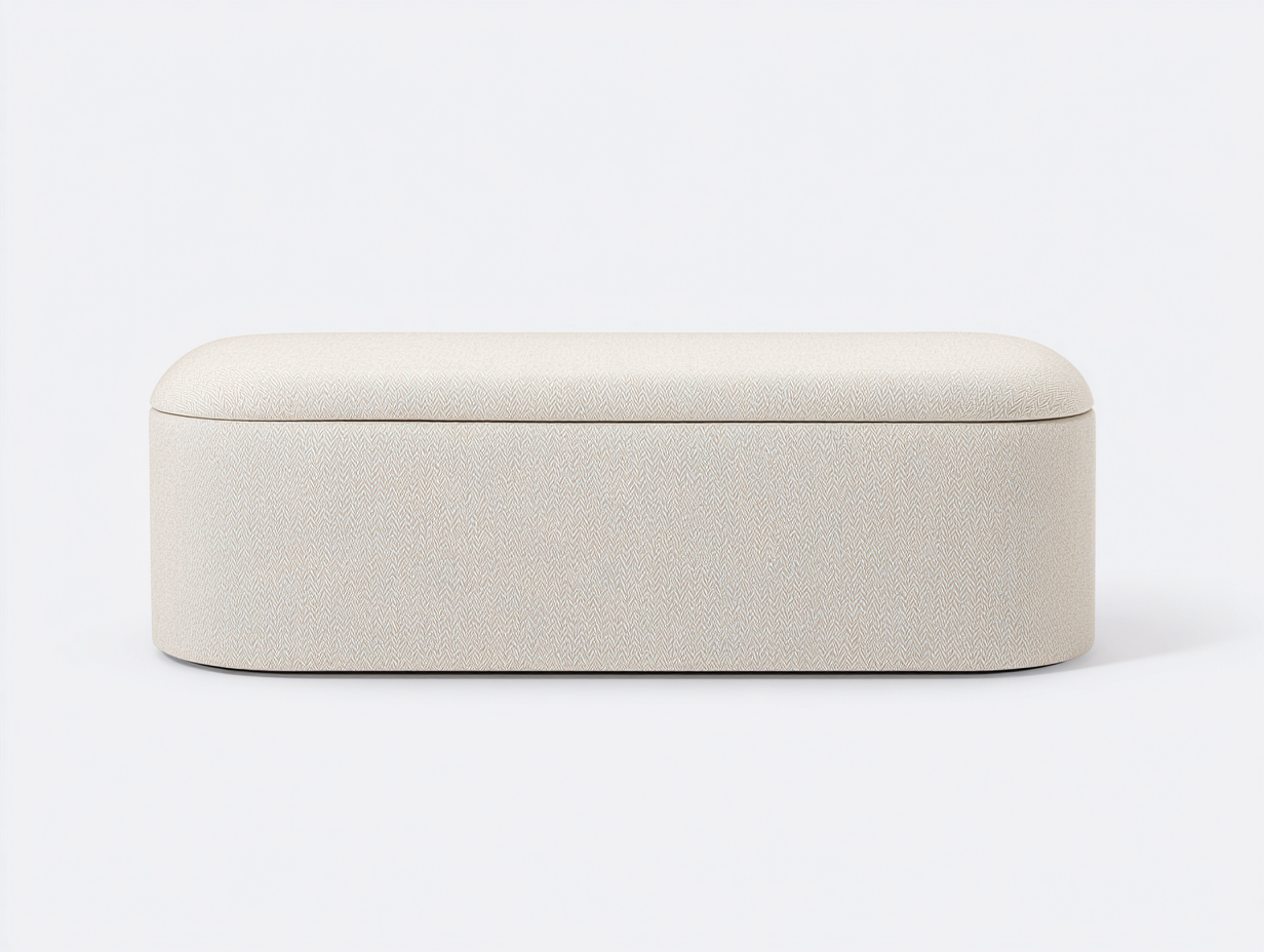 Banco tapizado con almacenaje 120×45×46 cm - tejido texturizado blanco roto - para dormitorio con diseño curvo funcional-Tataohouse