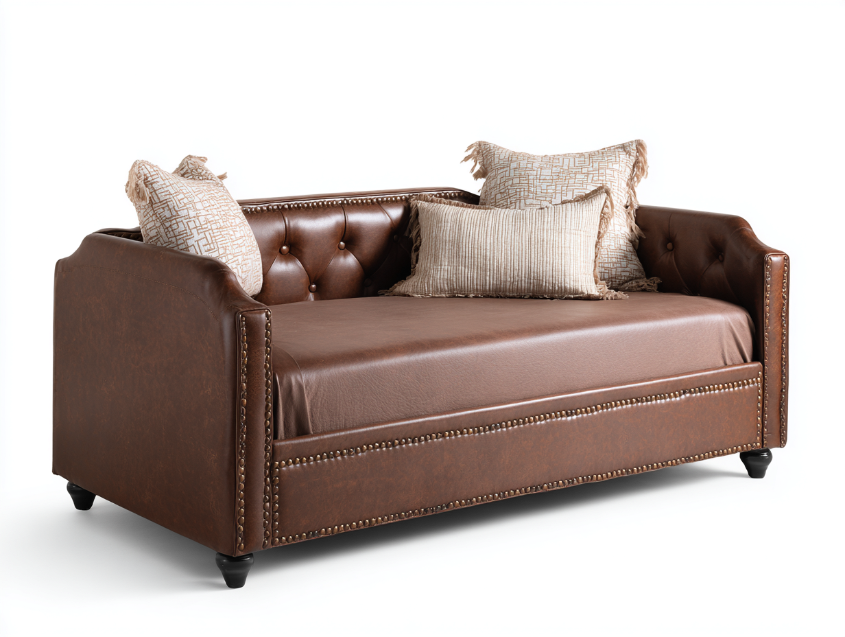 Sofá cama extraíble tapizado efecto cuero 208×98×86 cm - marrón coñac/blanco - respaldo capitoné para sala de estar-Tataohouse