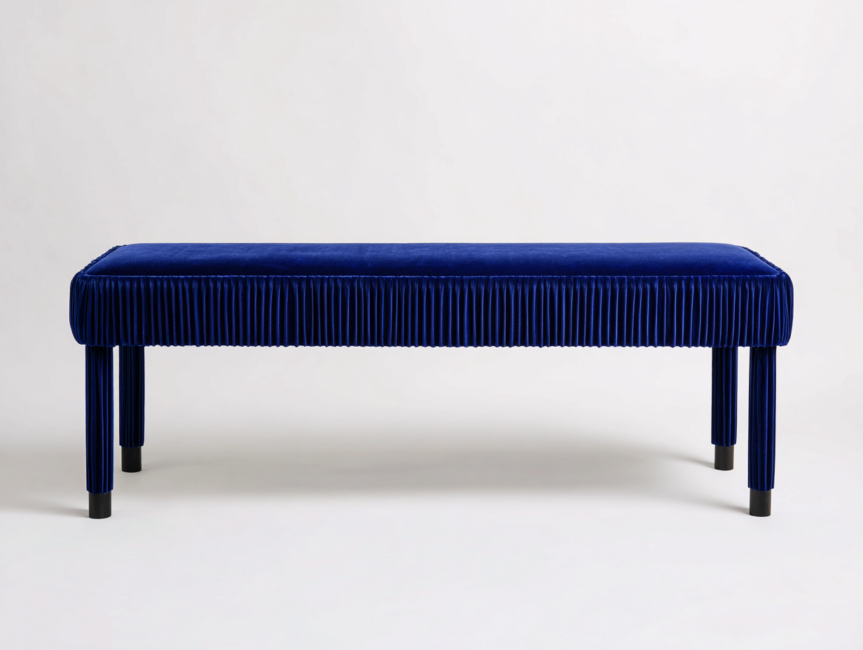 Banco de terciopelo plisado 150×40×45 cm – azul real/negro – asiento acolchado para dormitorio-Tataohouse