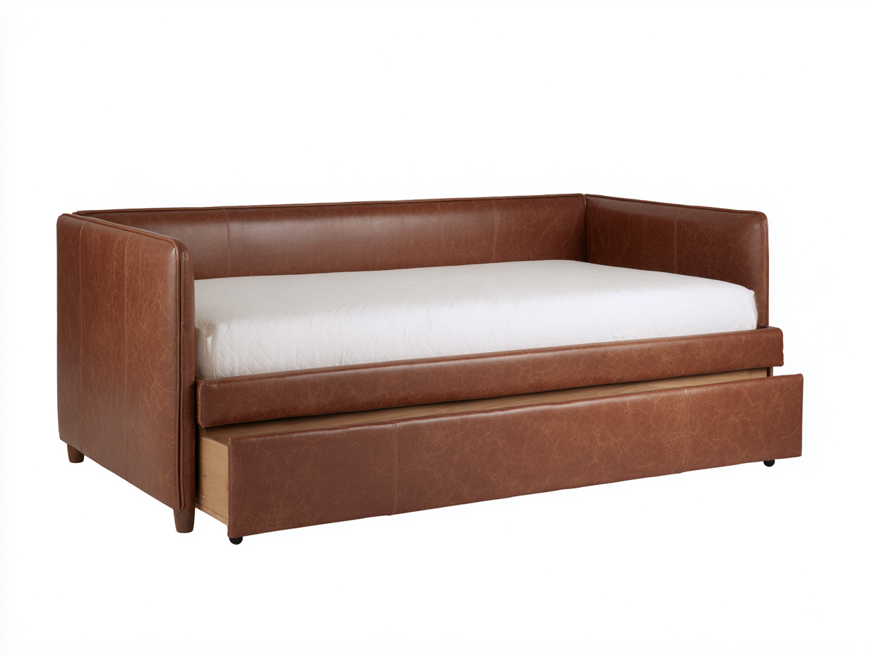 Sofá cama tapizado en piel sintética 205×98×92 cm – marrón cuero – cama nido extraíble para sala de estar-Tataohouse