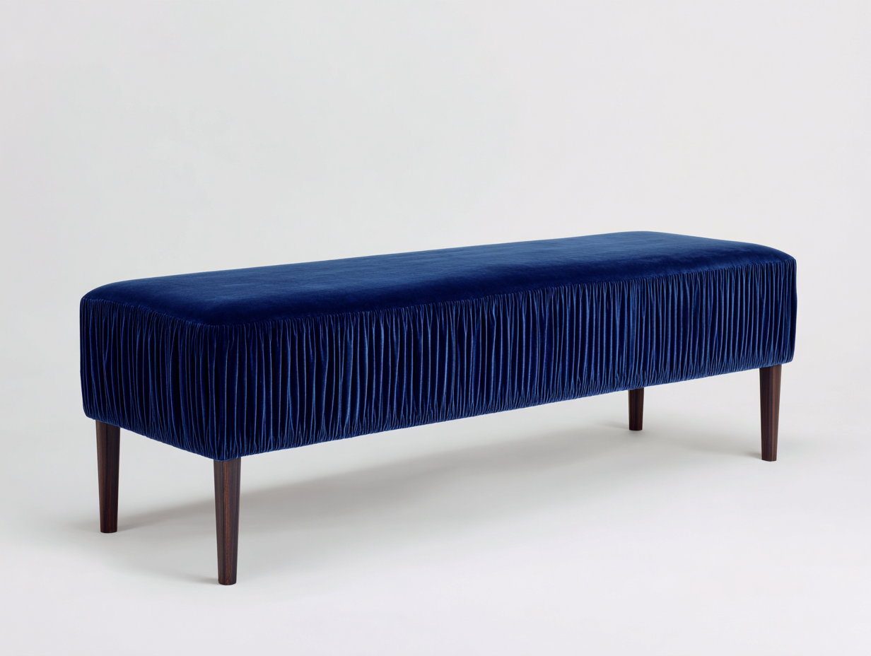 Banco tapizado de terciopelo 140×42×46 cm – azul marino – para dormitorio con fruncido decorativo-Tataohouse