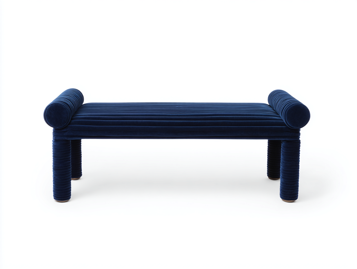 Banco tapizado de terciopelo 128×40×52 cm – azul cobalto – para dormitorio con rulos laterales-Tataohouse