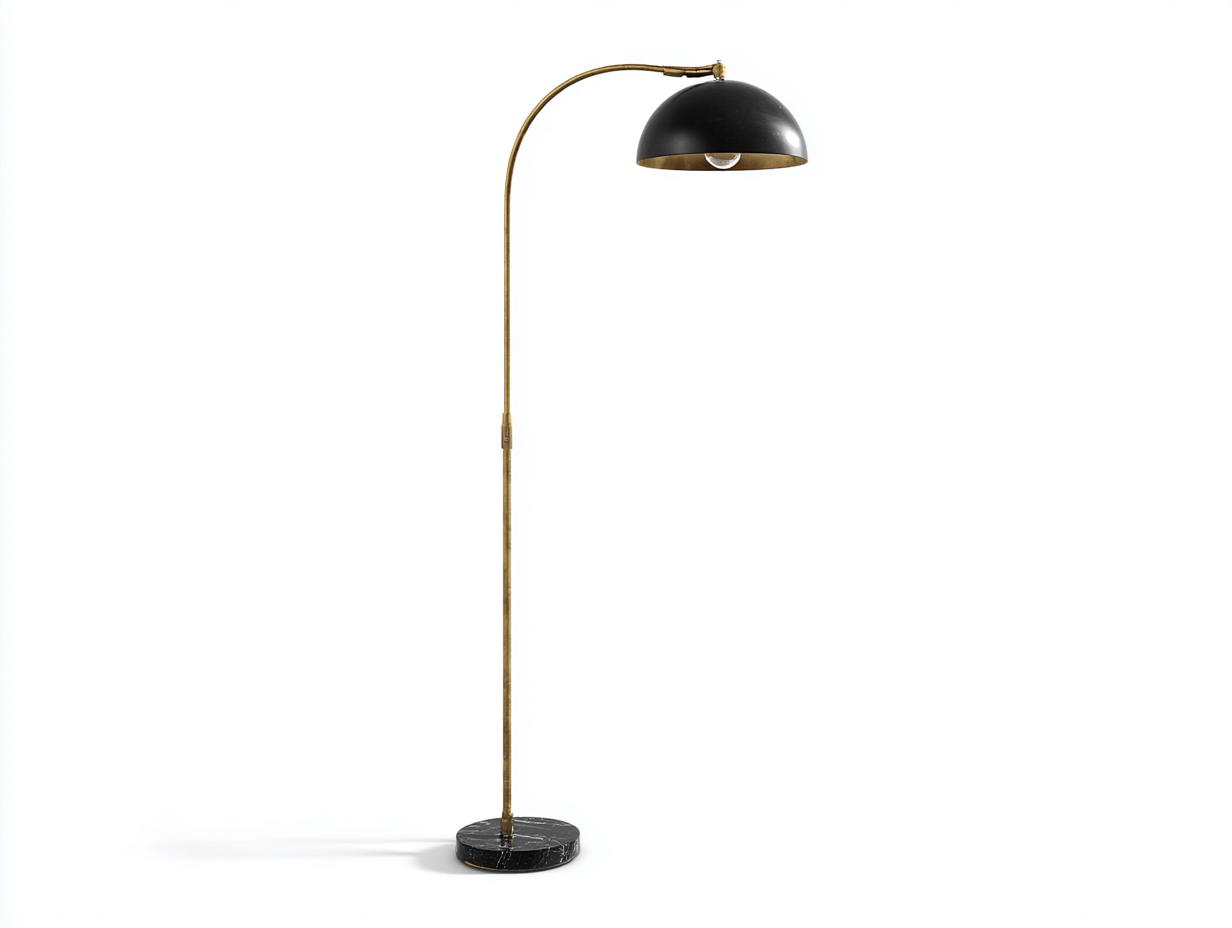 Lámpara de pie arqueada de metal 175×82×205 cm – negro/latón – pantalla semiesférica para dormitorio-Tataohouse