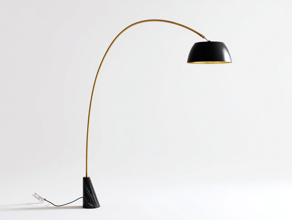 Lámpara de pie arqueada de metal 175×42×190 cm - dorado/negro - pantalla metálica y base veteada para dormitorio-Tataohouse