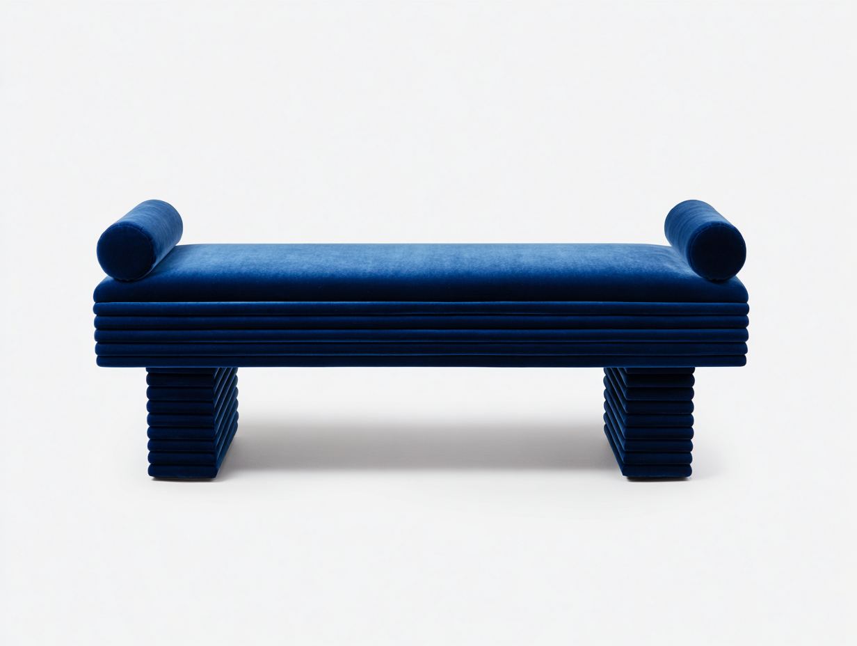 Banco tapizado en terciopelo 140×48×50 cm - azul cobalto - diseño escultórico para dormitorio con cojines cilíndricos-Tataohouse