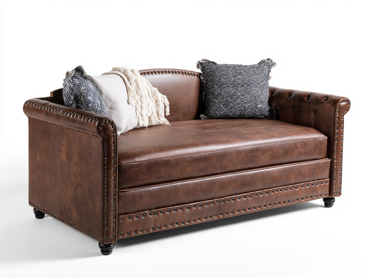 Sofá cama nido tapizado efecto cuero 214×102×90 cm - marrón/blanco - cama extraíble para sala de estar-Tataohouse