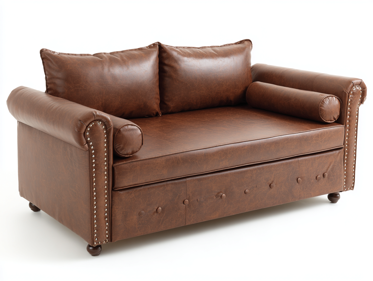Sofá cama de piel sintética 198×96×90 cm – marrón coñac – estilo clásico con base extensible para sala de estar-Tataohouse
