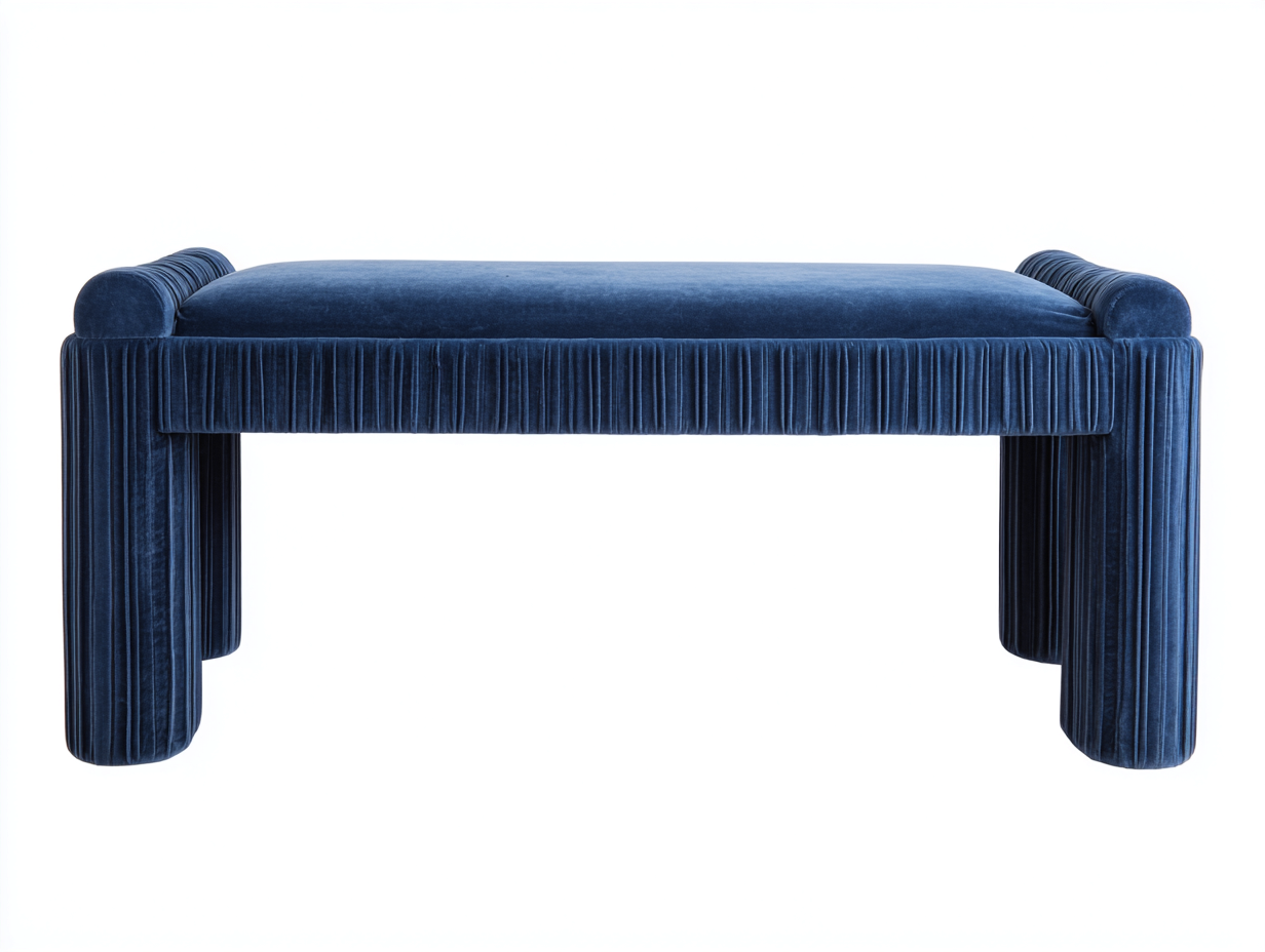 Banco tapizado de terciopelo 152×45×49 cm – azul marino – diseño plisado para dormitorio-Tataohouse