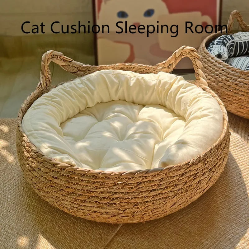 Handmade woven cat bed with seasonal pad