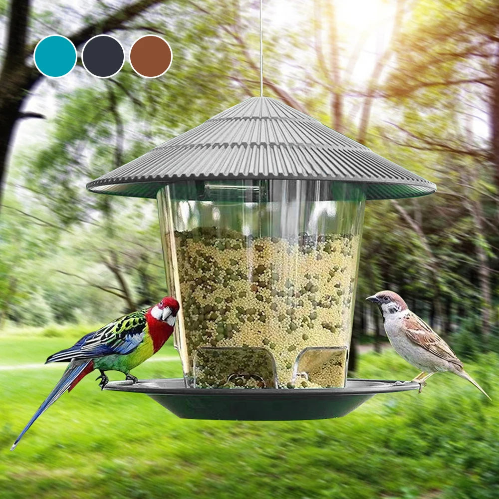Close-up of automatic bird feeder hanging from tree in a garden