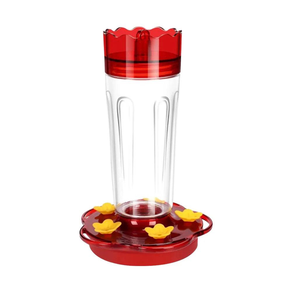 Red plastic hummingbird feeder with 15 oz capacity for outdoor gardens