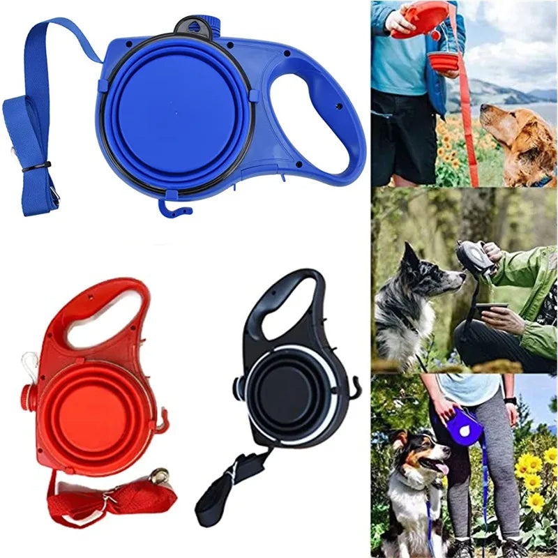 Dog leash with water bottle, trash bag holder, and silicone bowl