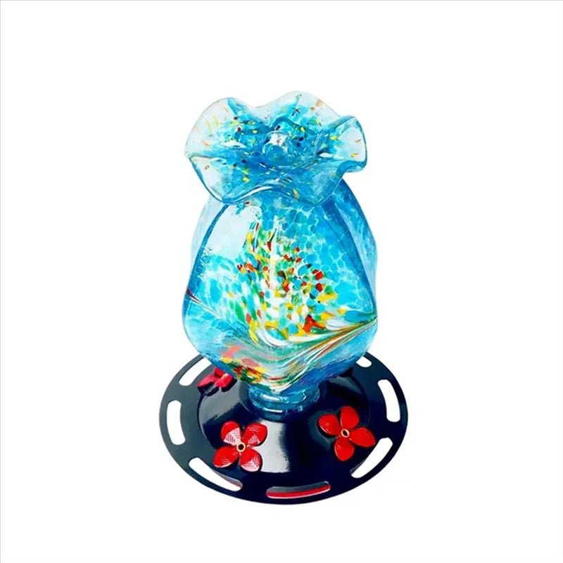 Hand-blown ocean blue glass hummingbird feeder with decorative design