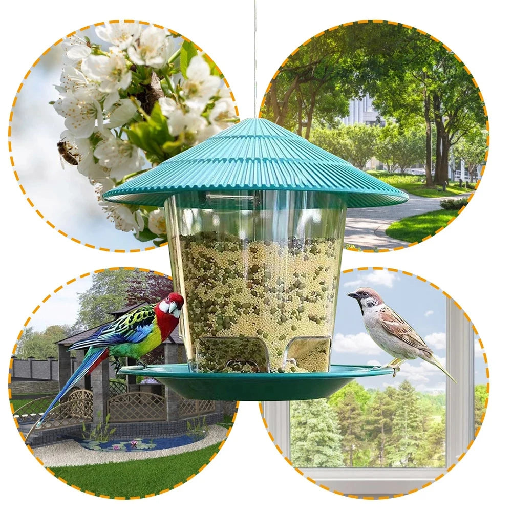 Automatic hanging bird feeder with clear seed container and hexagonal terrace
