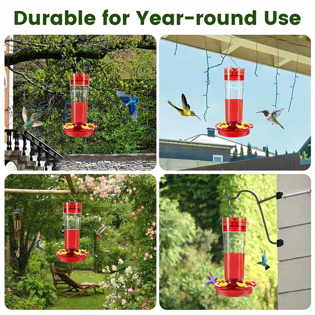 Bright red hanging bird feeder for patios and garden spaces