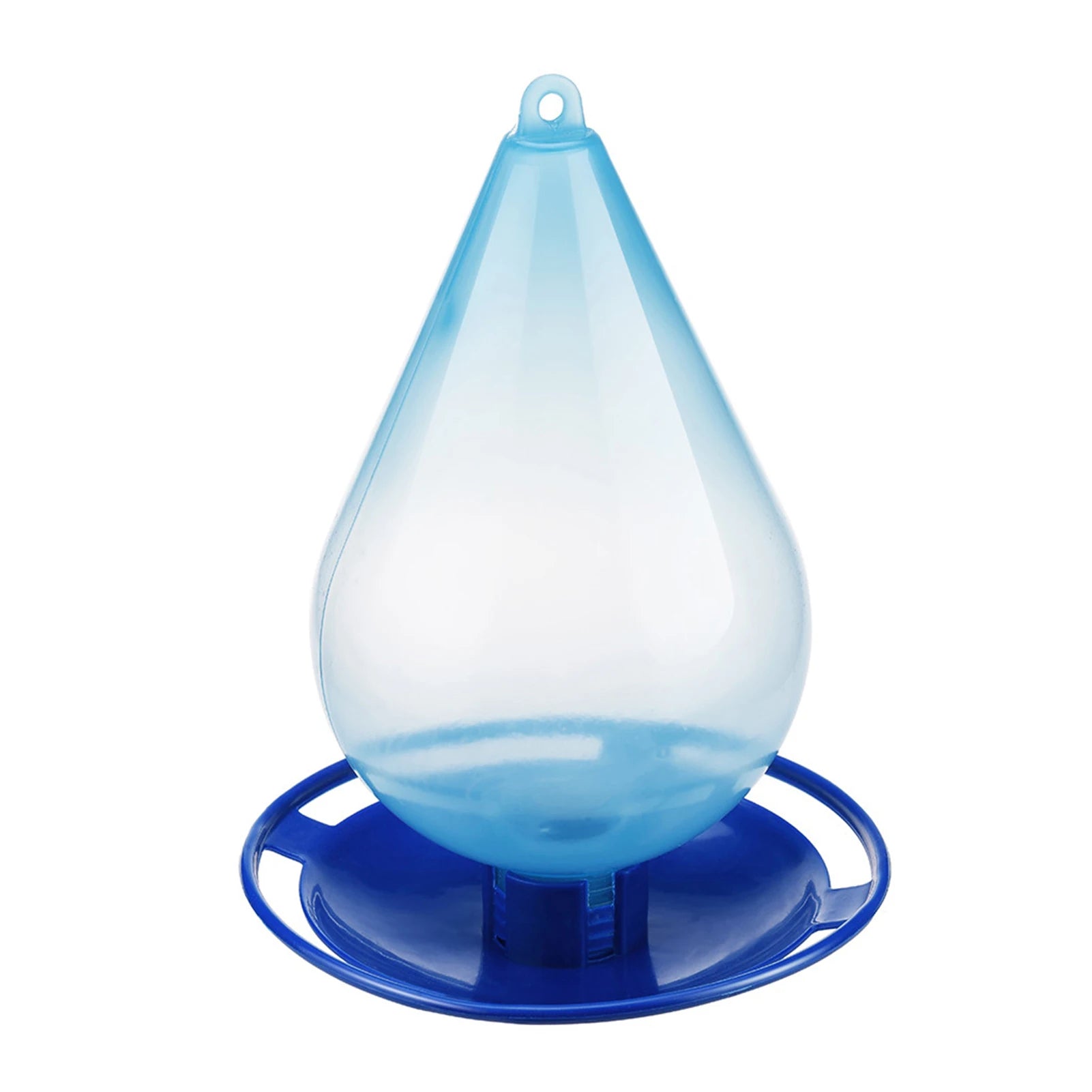 Clear raindrop-shaped bird water feeder hanging in garden