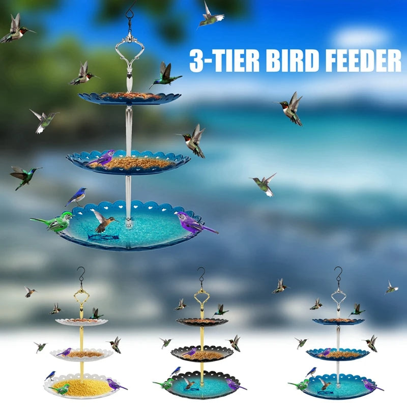 Three-tier hanging bird feeder and bird bath combo in garden setting