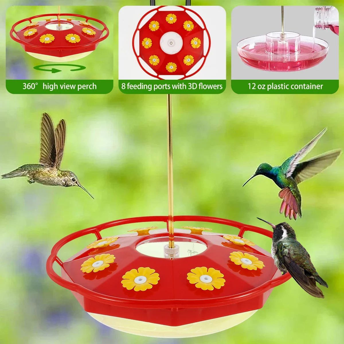Hanging hummingbird feeder with eight flower-shaped feeding ports