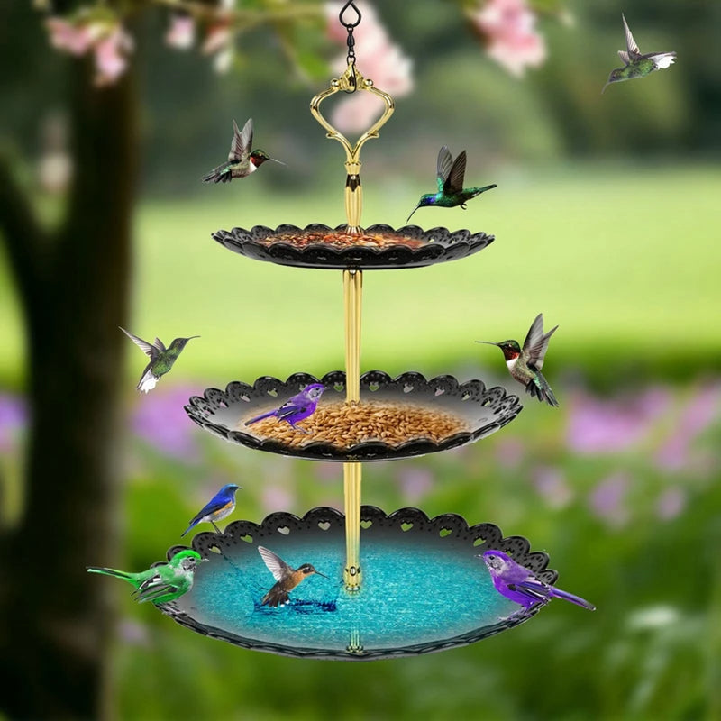 Dual-purpose bird feeder and bird bath hanging from tree branch