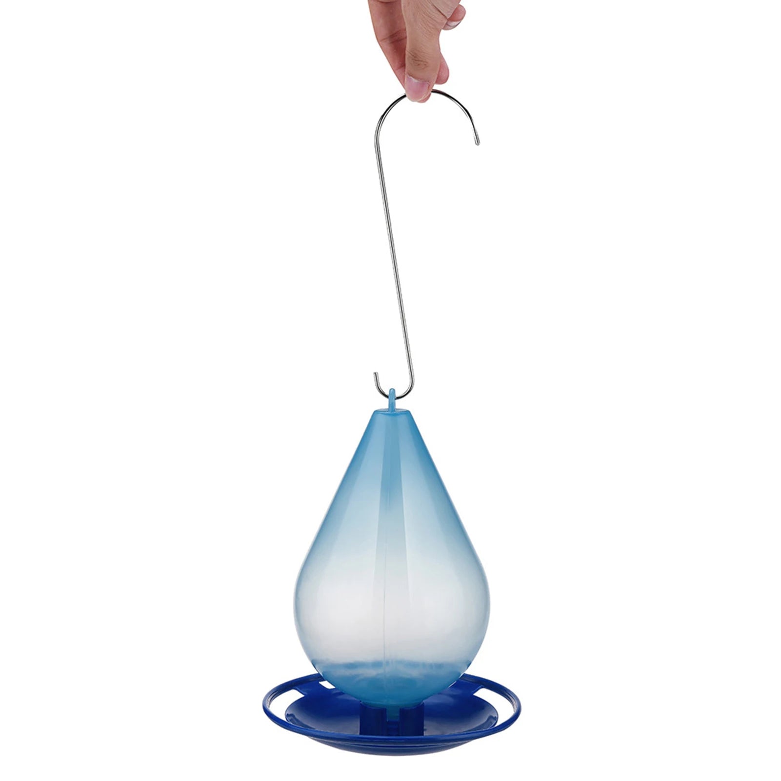Birds drinking from clear hanging water feeder with perch