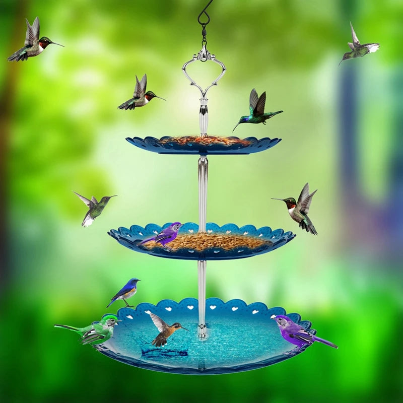 Outdoor hanging bird bath and feeder with food and water tiers