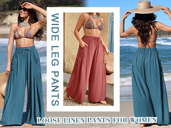 TARSE Women Casual Linen Blend Palazzo Pants Loose Fit Boho Wide Leg Baggy Trousers with Pockets Oversize 2026 Summer Vacation Womenswear Work Pants