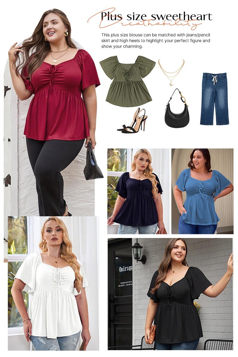 Eytino Women Plus Size Sweetheart Neck Short Sleeve Shirred Peplum Rib Blouse Tops Shirts(1X-5X) Eytino Women Plus Size Sweetheart Neck Short Sleeve Shirred Peplum Rib Blouse Tops Shirts(1X-5X)