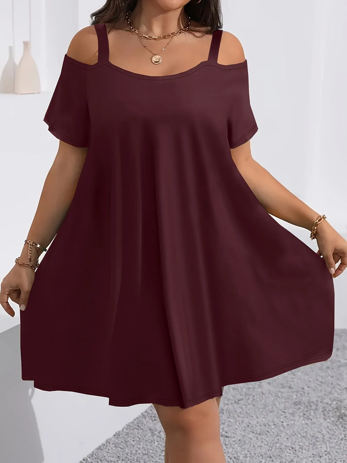 Plus Size Women's Round Neck Short Sleeve Shoulder Cut Out Fitted Casual Midi Dress, Comfortable Fabric, Perfect for Bridesmaids, Vacation, Travel Plus Size Women's Round Neck Short Sleeve Shoulder Cut Out Fitted Casual Midi Dress, Comfortable Fabric, Perfect for Bridesmaids, Vacation, Travel