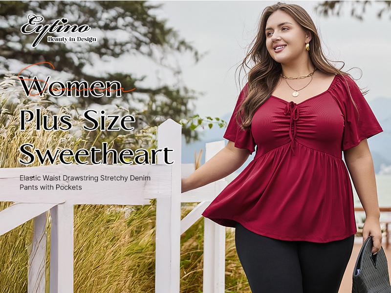 Eytino Women Plus Size Sweetheart Neck Short Sleeve Shirred Peplum Rib Blouse Tops Shirts(1X-5X) Eytino Women Plus Size Sweetheart Neck Short Sleeve Shirred Peplum Rib Blouse Tops Shirts(1X-5X)