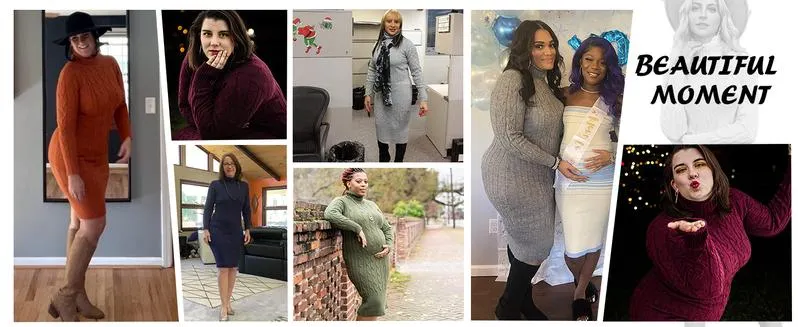 Imily Bela Womens Long Sleeve Turtleneck Sweater Dresses Knitted Bodycon Midi Sheath Jumper Dresses