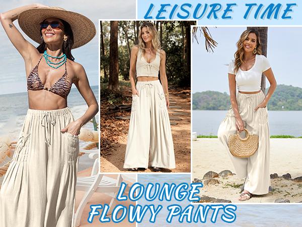 TARSE Women Casual Linen Blend Palazzo Pants Loose Fit Boho Wide Leg Baggy Trousers with Pockets Oversize 2026 Summer Vacation Womenswear Work Pants