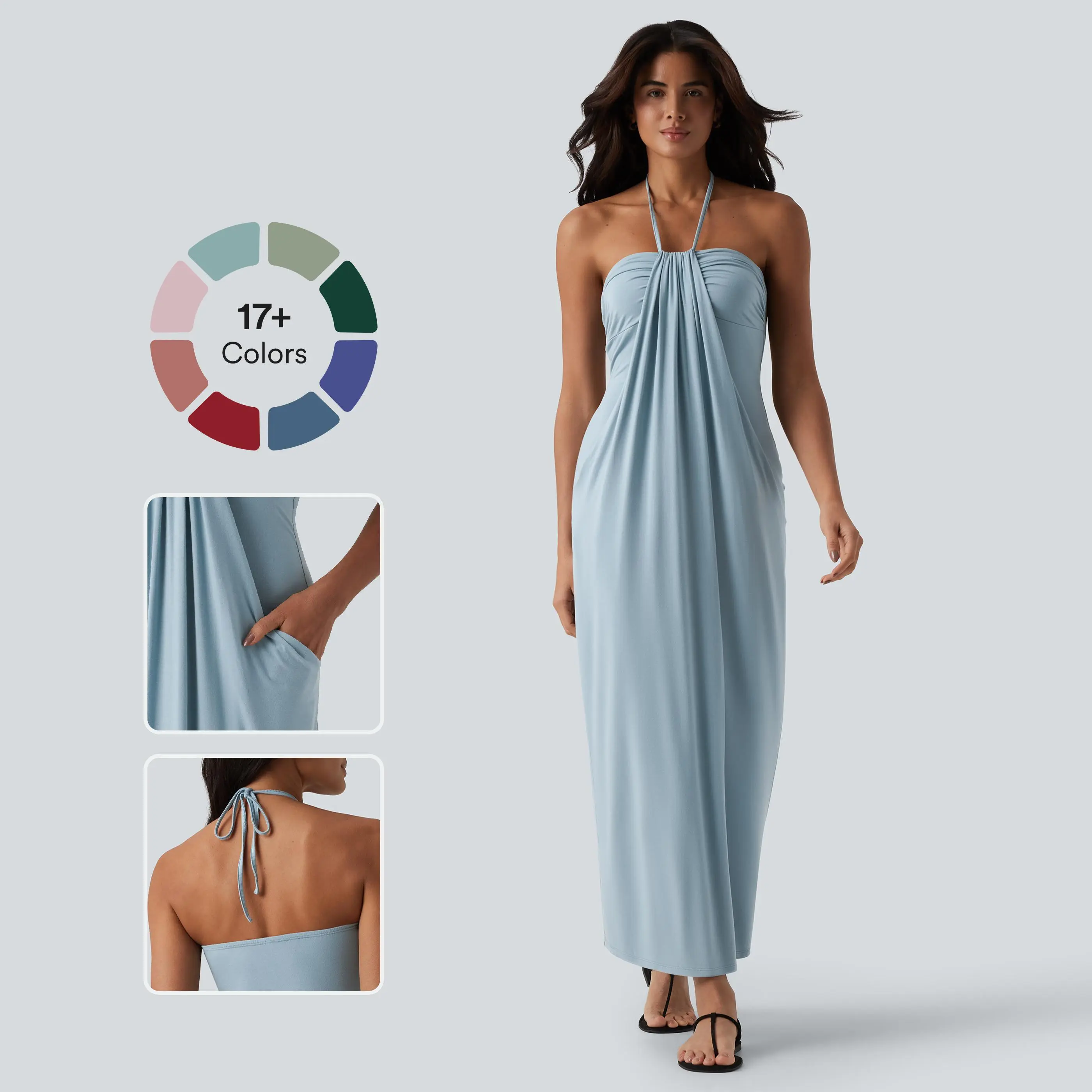 【Creator&rsquo;s Pick】Halara Halter Tie Back Maxi Dress with Pockets