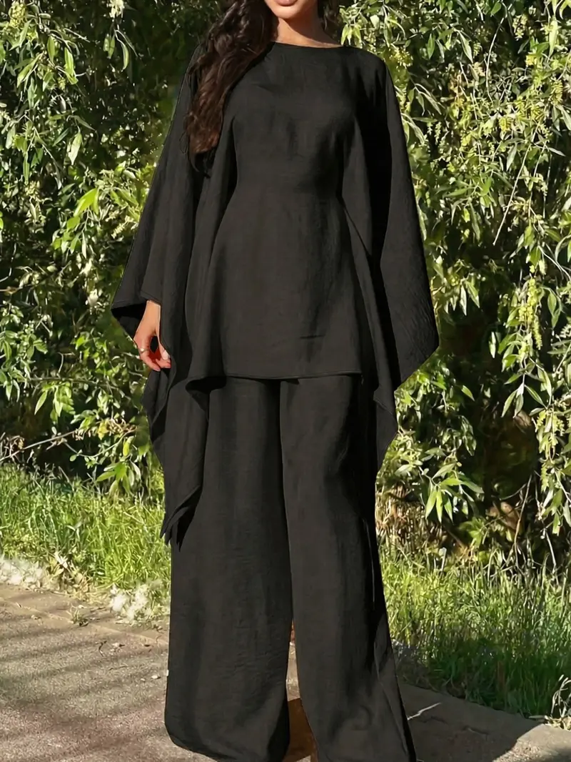Women's Loose Two-Piece Set, Minimalist Long Hoodie Top + Wide Leg Pants, Casual Natural Style for Spring & Fall Seasons