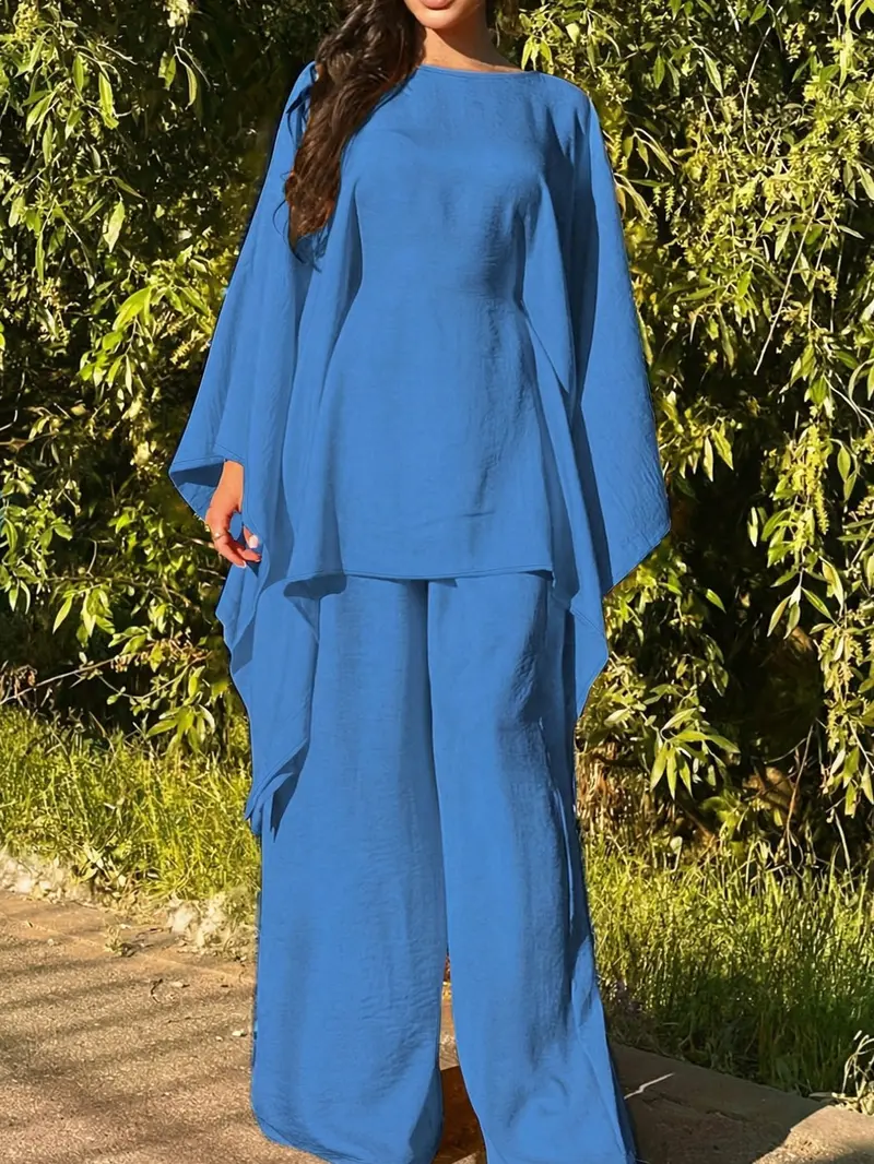 Women's Loose Two-Piece Set, Minimalist Long Hoodie Top + Wide Leg Pants, Casual Natural Style for Spring & Fall Seasons