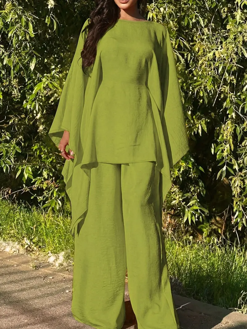 Women's Loose Two-Piece Set, Minimalist Long Hoodie Top + Wide Leg Pants, Casual Natural Style for Spring & Fall Seasons