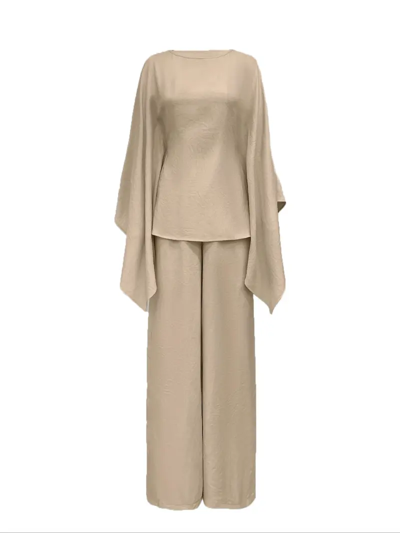 Women's Loose Two-Piece Set, Minimalist Long Hoodie Top + Wide Leg Pants, Casual Natural Style for Spring & Fall Seasons