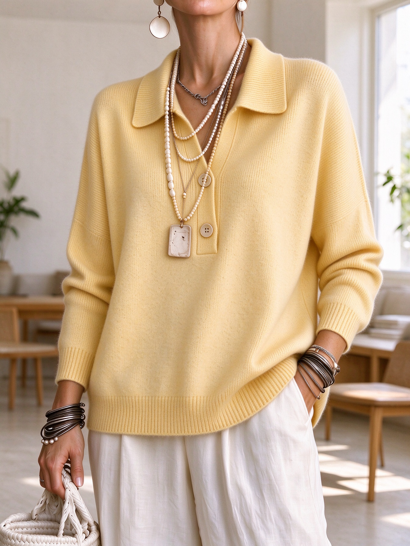 ⏰CLEARANCE💥 Women‘s Casual Comfy V-neck Button Cashmere Sweater Top